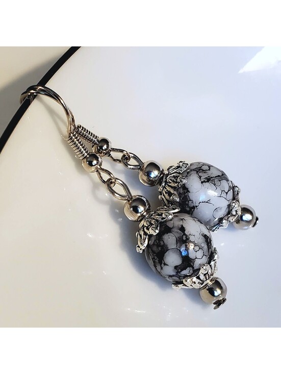 Jewelry - Art Nouveau Mottled White Black Glass Beads Antiqued Silver Earrings